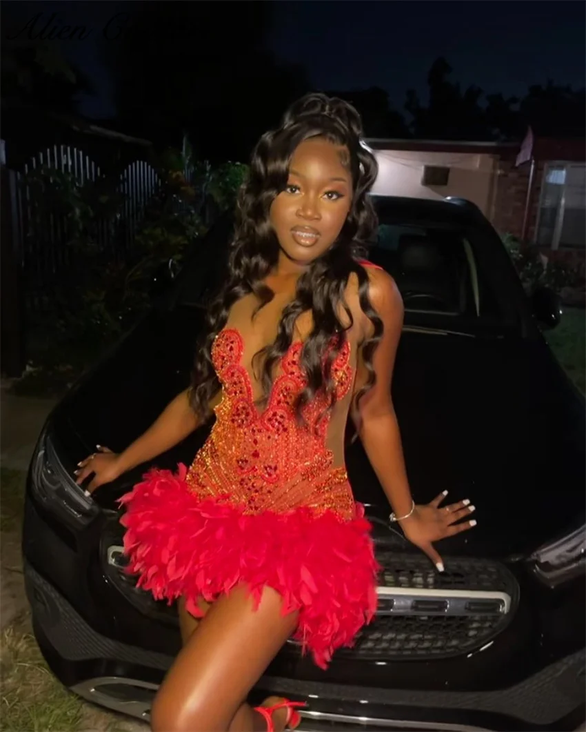 Glitter Red Short Prom Dresses Luxury For Black Girls Crystal Rhinestones Feathers Birthday Dress Cocktail Gown Customized
Glitter Red Short Prom Dresses Luxury For Black Girls Crystal Rhinestones Feathers Birthday Dress Cocktail Gown Customized