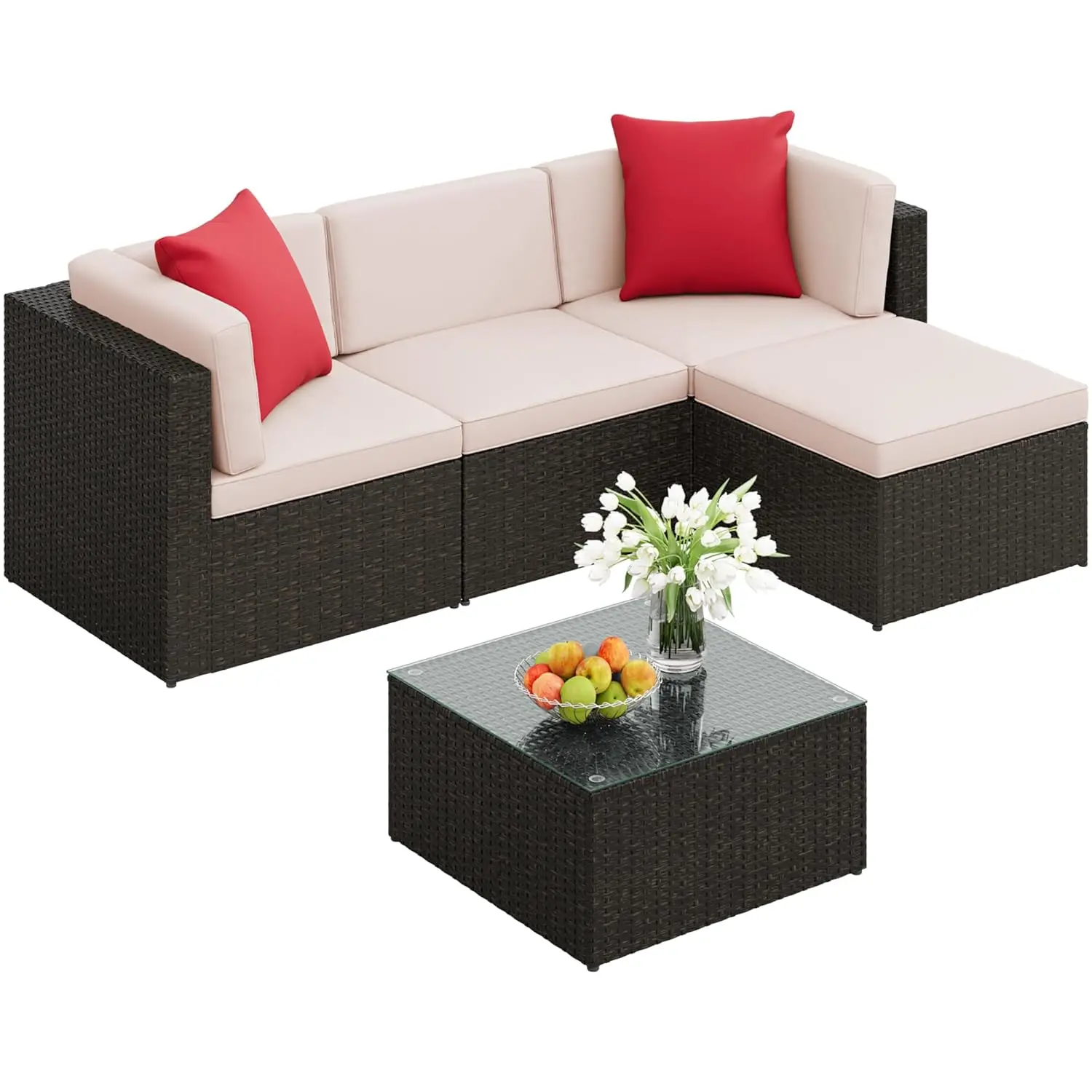 5pc Patio Furniture Set Outdoor Sectional Sofa Rattan Ottoman Cushion Glass Table Backyard Garden Pool Balcony, Customized
5pc Patio Furniture Set Outdoor Sectional Sofa Rattan Ottoman Cushion Glass Table Backyard Garden Pool Balcony, Customized