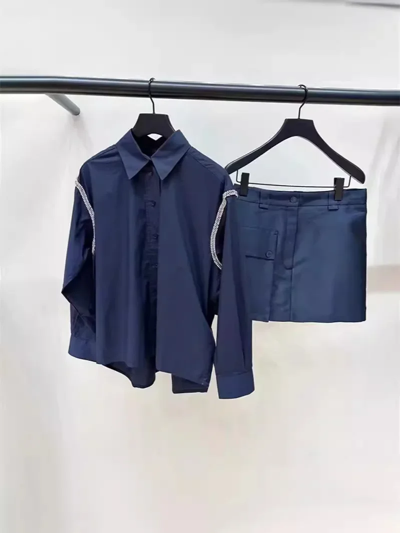 Women's Dark Blue Set Shoulder Chain Diamond Turn-Down Collar Shirt or Large Pockets A-Line Mini Skirt Ladies Suit
Women's Dark Blue Set Shoulder Chain Diamond Turn-Down Collar Shirt or Large Pockets A-Line Mini Skirt Ladies Suit