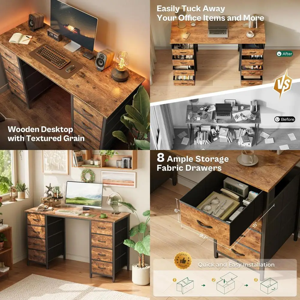 Large Rustic Brown 47 Home Office Desk with 8 Fabric Drawers for Study and Gaming, Ample Storage
Large Rustic Brown 47 Home Office Desk with 8 Fabric Drawers for Study and Gaming, Ample Storage