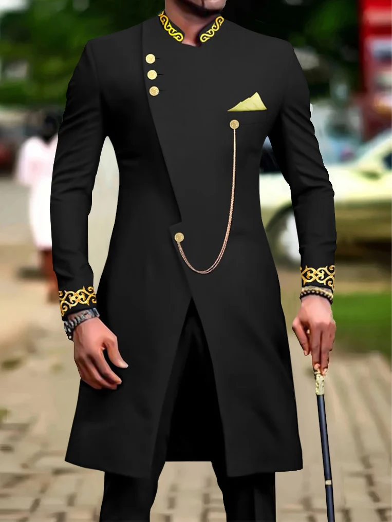 Men's casual two-piece suit set with long sleeves, mid-length jacket and trousers.
Men's casual two-piece suit set with long sleeves, mid-length jacket and trousers.