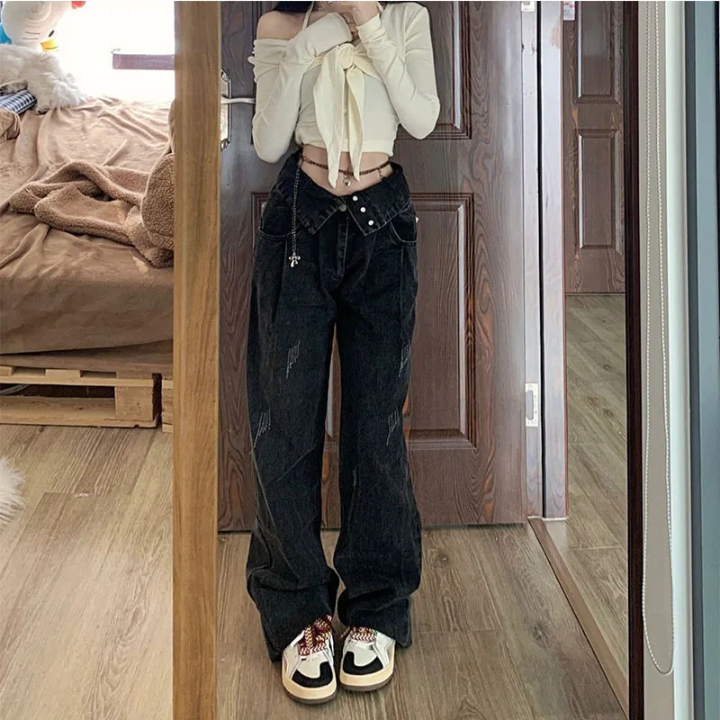 Slimming High Waist Wide Leg Denim Jeans for Women Retro Black American High Street Style Straight Cut Trendy Female Fashion
Slimming High Waist Wide Leg Denim Jeans for Women Retro Black American High Street Style Straight Cut Trendy Female Fashion