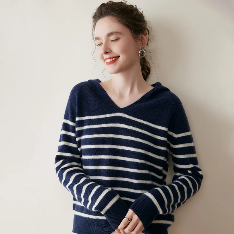 Luxury Autumn Winter Women's 100% Cashmere Hooded Sweater Soft Warm Pullover Striped Hoodie Jumpers Casual Female Knitwear Tops
Luxury Autumn Winter Women's 100% Cashmere Hooded Sweater Soft Warm Pullover Striped Hoodie Jumpers Casual Female Knitwear Tops