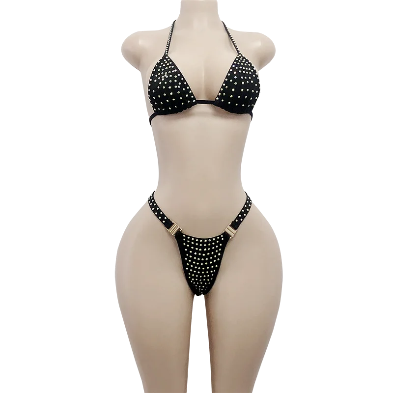 Two Pieces Spandex Ladies Bikini Top Rhinestones Sexy Pole Gold Buckle Thong Performance Women Stripper Outfits Dancewear Exotic
Two Pieces Spandex Ladies Bikini Top Rhinestones Sexy Pole Gold Buckle Thong Performance Women Stripper Outfits Dancewear Exotic