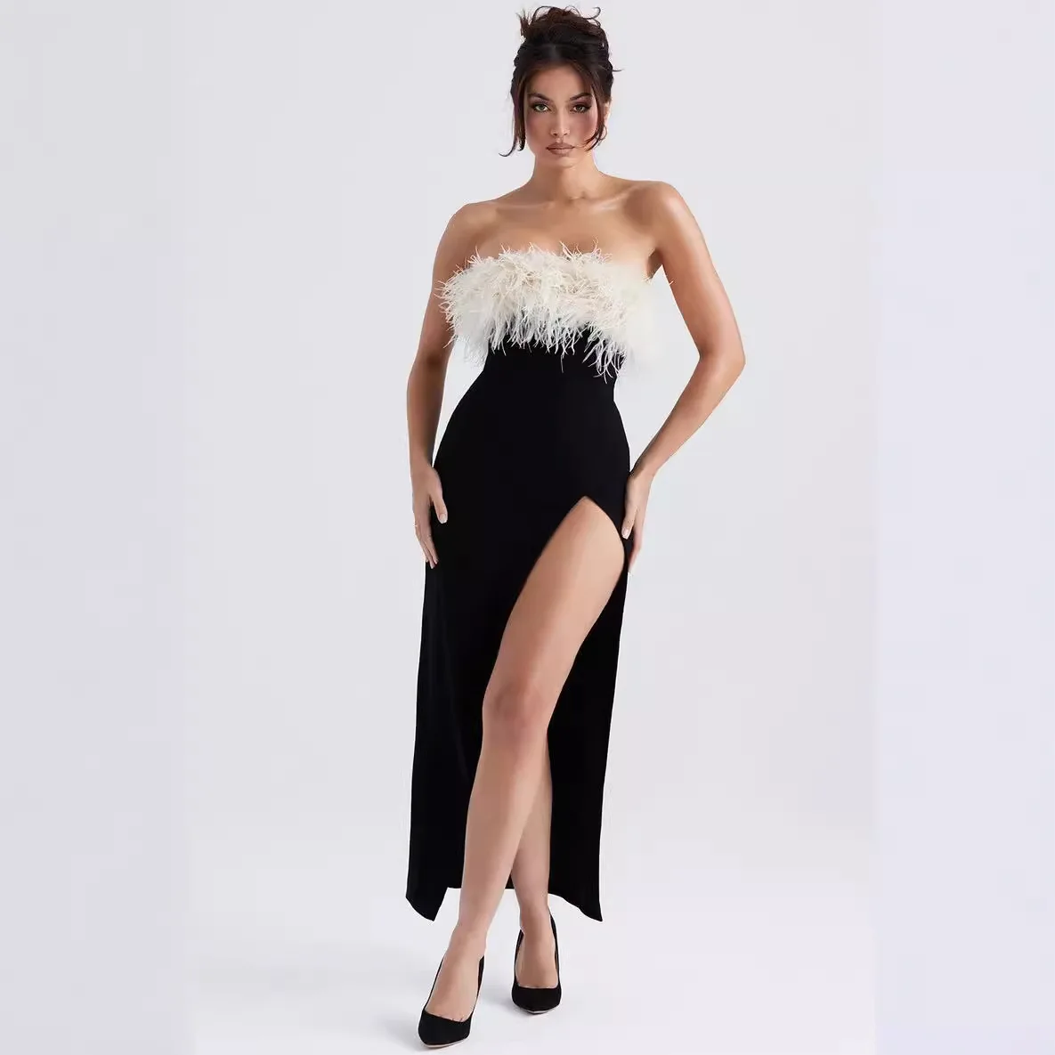 popular tube top ostrich hair high split dress, birthday party celebrity style bandage evening dress
popular tube top ostrich hair high split dress, birthday party celebrity style bandage evening dress