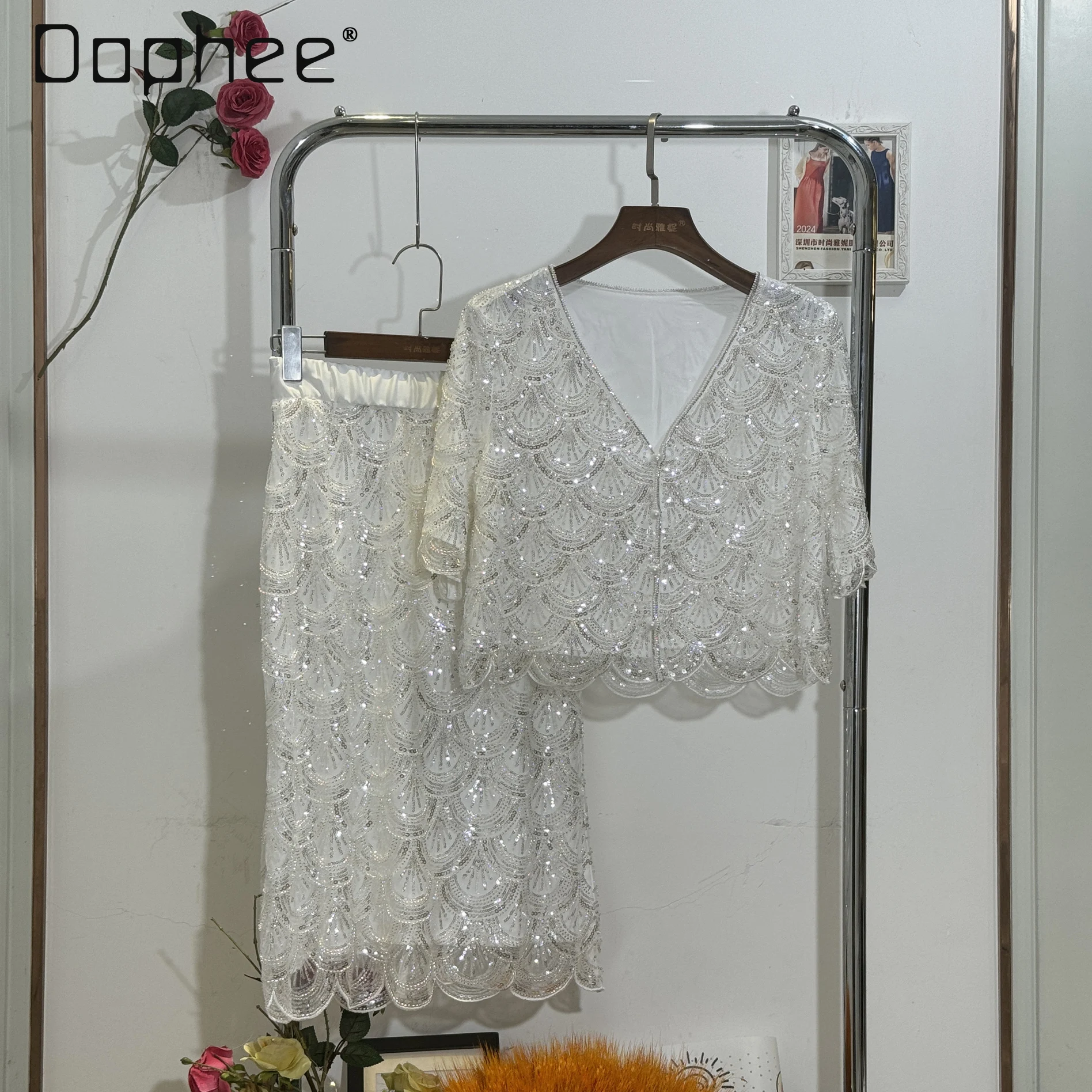 French V-Neck Cardigan Short Sleeve Vest Beaded Sequin Mid-Length Skirt Two Piece Sets Womens Outifits Socialite Evening Dress
French V-Neck Cardigan Short Sleeve Vest Beaded Sequin Mid-Length Skirt Two Piece Sets Womens Outifits Socialite Evening Dress