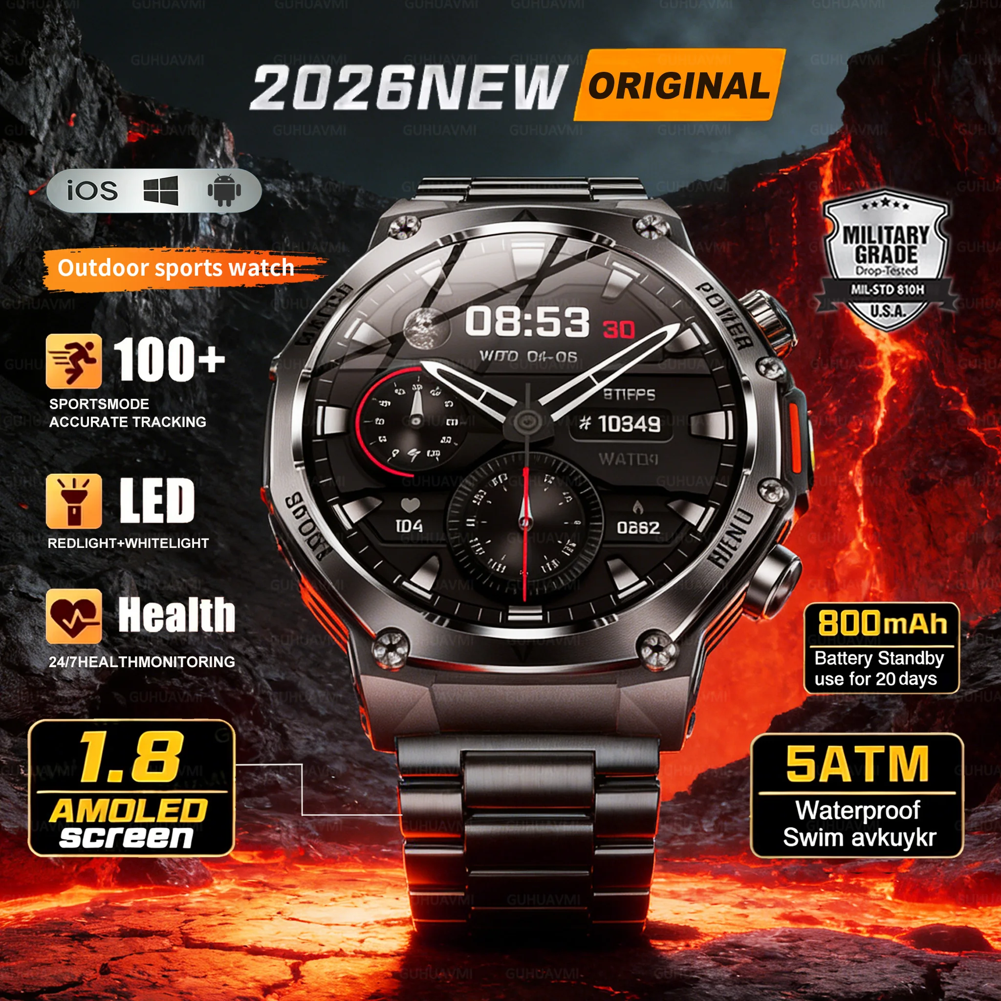 Новые прочные мужские умные часы для активного отдыха 2026 года, военный стиль, 1.8-дюймовый HD AMOLED-экран, водонепроницаемость 5ATM, звонки по Bluetooth, фонарик, совместимость с iOS
Новые прочные мужские умные часы для активного отдыха 2026 года, военный стиль, 1.8-дюймовый HD AMOLED-экран, водонепроницаемость 5ATM, звонки по Bluetooth, фонарик, совместимость с iOS