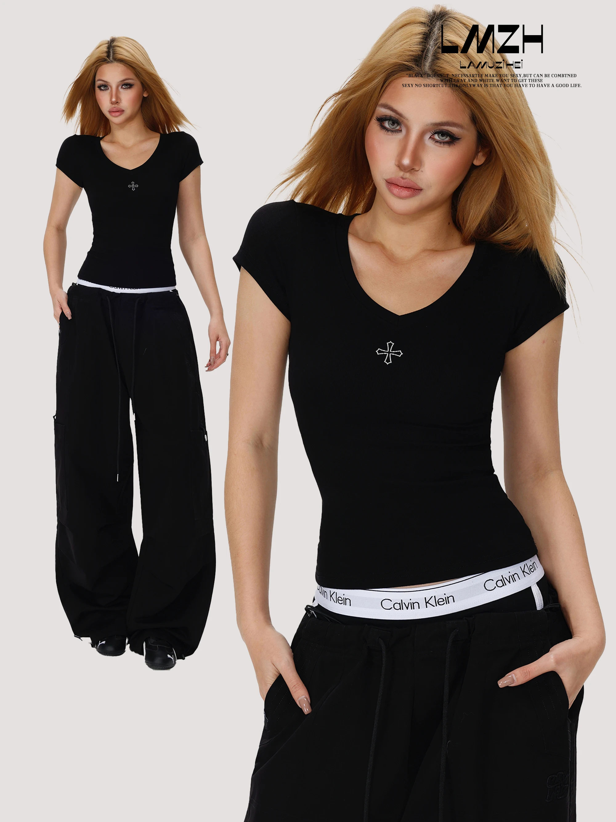 Женская летняя футболка Slim Fit с коротким рукавом, новый топ для джазовых танцев, повседневный черный топ с V-образным вырезом из хлопка, укороченная длина
Женская летняя футболка Slim Fit с коротким рукавом, новый топ для джазовых танцев, повседневный черный топ с V-образным вырезом из хлопка, укороченная длина