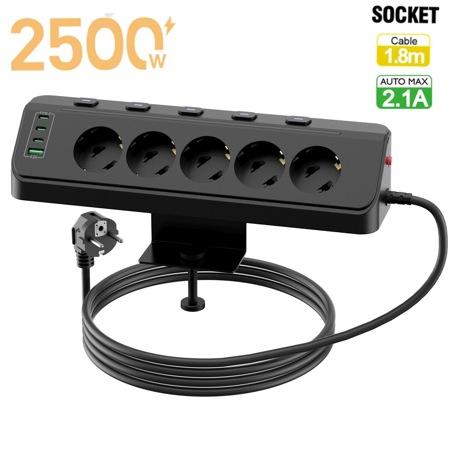 9-in-1 Multi-Function Socket 5AC+1USB+3Type-C Individually Switched Hole-Free Installation/90° L-Shape Design 2m Extension Cord
9-in-1 Multi-Function Socket 5AC+1USB+3Type-C Individually Switched Hole-Free Installation/90° L-Shape Design 2m Extension Cord