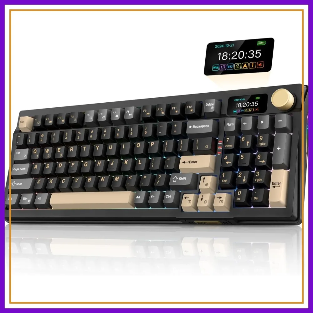 Tri-Mode Mechanical Keyboard, TFT Screen & Knob, Hot Swappable, Pre-lubed Pink Switches, Gasket Structure, RGB, Black-Gold
Tri-Mode Mechanical Keyboard, TFT Screen & Knob, Hot Swappable, Pre-lubed Pink Switches, Gasket Structure, RGB, Black-Gold