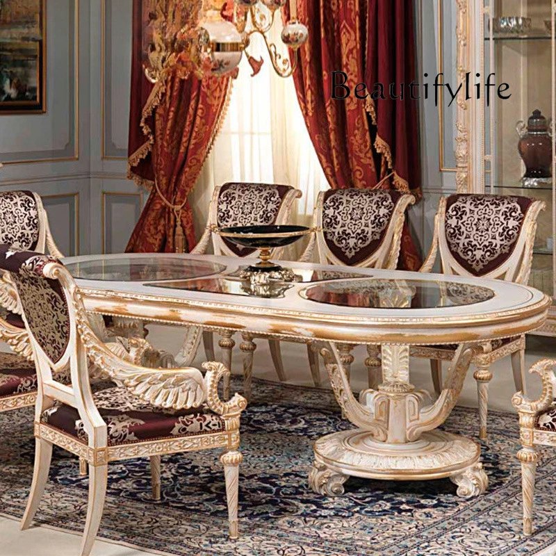 Luxury European dining room furniture, solid wood carving flower oval long high-end dining table and chairs
Luxury European dining room furniture, solid wood carving flower oval long high-end dining table and chairs
