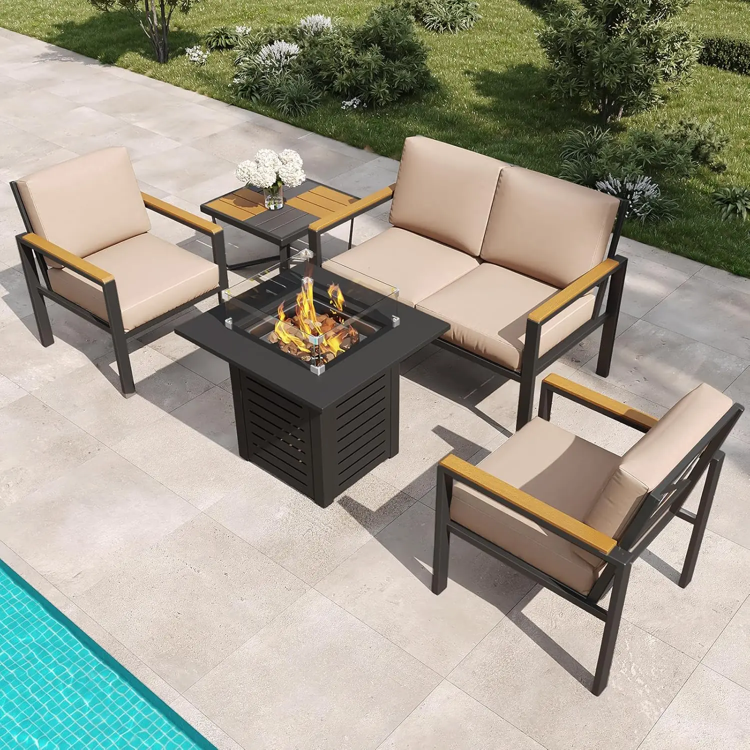 5-Piece Patio Furniture Set with 28” Propane Fire Pit Table, Heavy-Duty Metal Outdoor Conversation Set with Deep, Custom
5-Piece Patio Furniture Set with 28” Propane Fire Pit Table, Heavy-Duty Metal Outdoor Conversation Set with Deep, Custom
