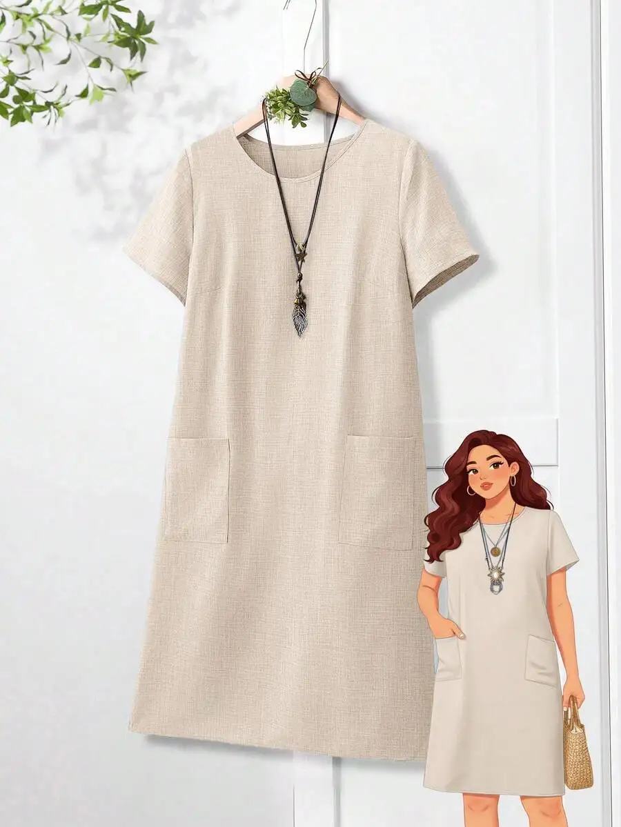 Plus Size Women Short Sleeve Beige Cotton Linen Dress With Pockets
Plus Size Women Short Sleeve Beige Cotton Linen Dress With Pockets