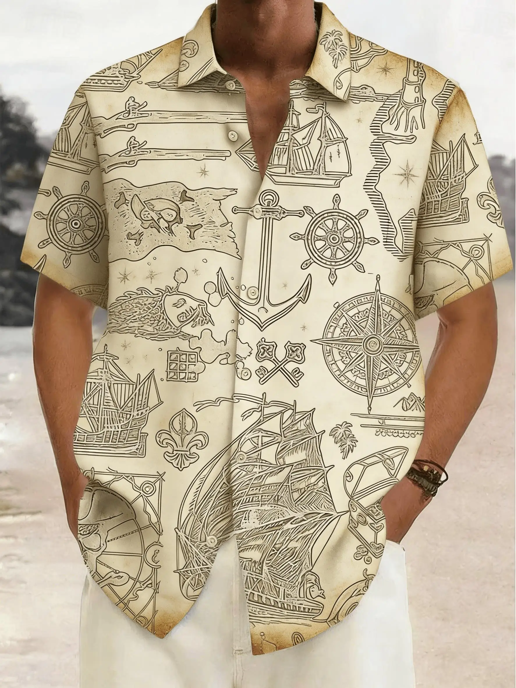 Men's Vintage Nautical Map Print Short Sleeve Shirt, Spring Summer Adventure Vacation Casual Top, Pocket Lapel Style
Men's Vintage Nautical Map Print Short Sleeve Shirt, Spring Summer Adventure Vacation Casual Top, Pocket Lapel Style