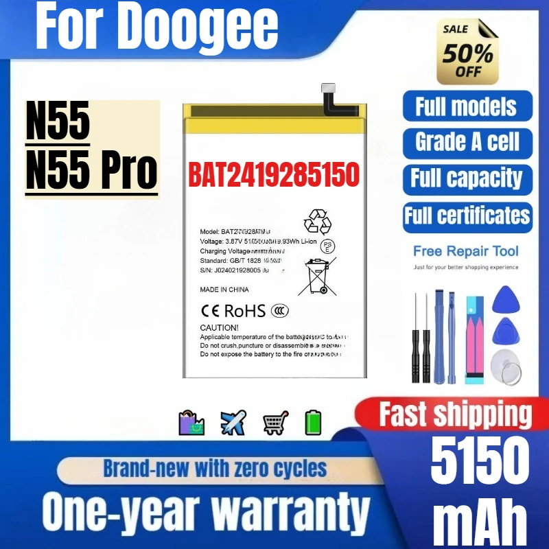 BAT2419285150 for Doogee N55/N55 Pro Phone Battery 0Cycle High Quality High Capacity Replacement Bateria Grade A Cell with Tools
BAT2419285150 for Doogee N55/N55 Pro Phone Battery 0Cycle High Quality High Capacity Replacement Bateria Grade A Cell with Tools