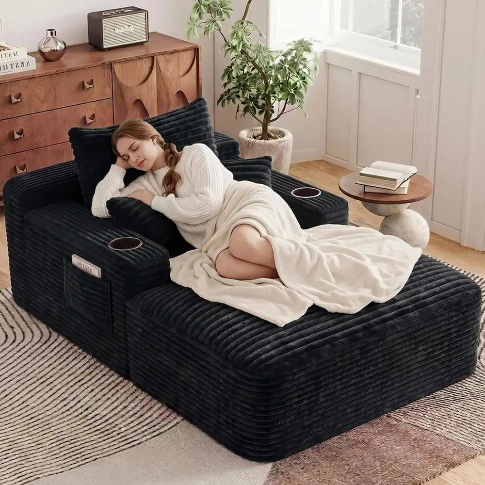 65 Oversized Indoor Chaise Lounge Chair with Wide Armrests, Pillows, Side Pockets, and Cup Holders - Comfortable Corduroy Sleepe
65 Oversized Indoor Chaise Lounge Chair with Wide Armrests, Pillows, Side Pockets, and Cup Holders - Comfortable Corduroy Sleepe