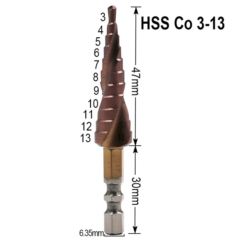 Кобальтовое ступенчатое сверло M35, 3-13 мм, 1/4 ", шестигранный хвостовик, двойная канавка, спиральный паз, металлическое сверло, резак для отверстий из нержавеющей стали
Кобальтовое ступенчатое сверло M35, 3-13 мм, 1/4 ", шестигранный хвостовик, двойная канавка, спиральный паз, металлическое сверло, резак для отверстий из нержавеющей стали