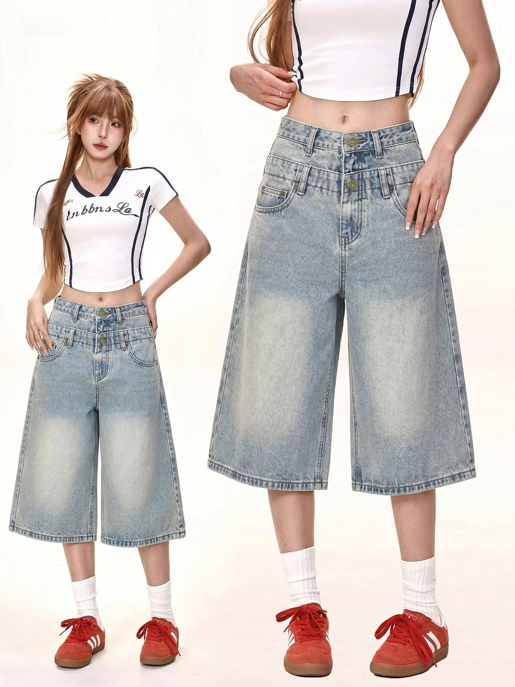 Retro American Denim Jeans Women Summer Spicy Girl Light Blue Loose Double Waist Head Casual Wide Leg Mid-Length Pants
Retro American Denim Jeans Women Summer Spicy Girl Light Blue Loose Double Waist Head Casual Wide Leg Mid-Length Pants