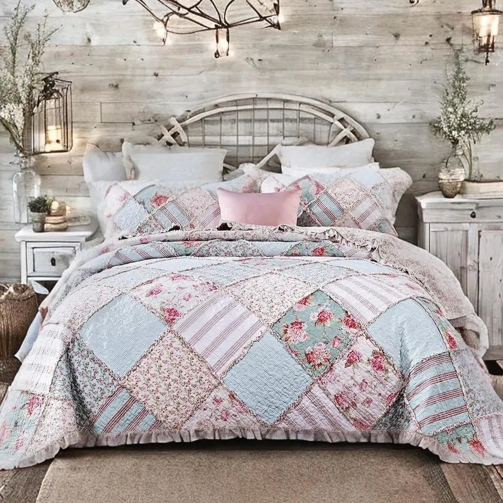 Cottage-Style Pastel Blue Cotton Bedding Set with Patchwork, Sheets, Pillows, Euro Shams, and Window Valance - Cal King
Cottage-Style Pastel Blue Cotton Bedding Set with Patchwork, Sheets, Pillows, Euro Shams, and Window Valance - Cal King