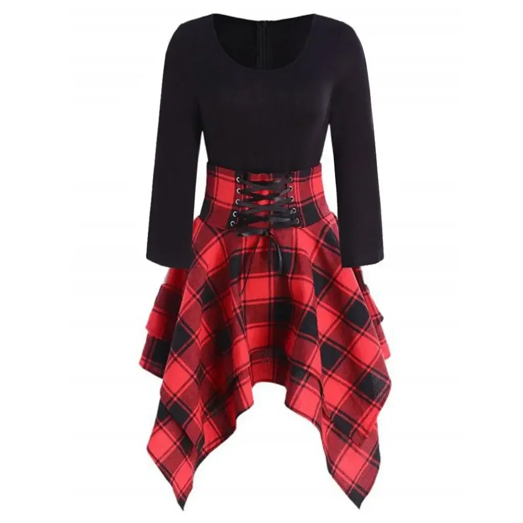 Womens Dresses Punk Gothic Plaid Patchwork Lace Up Dress Short Sleeve Irregular Dress Summer Feminina Vestidos Mujer Oversize
Womens Dresses Punk Gothic Plaid Patchwork Lace Up Dress Short Sleeve Irregular Dress Summer Feminina Vestidos Mujer Oversize