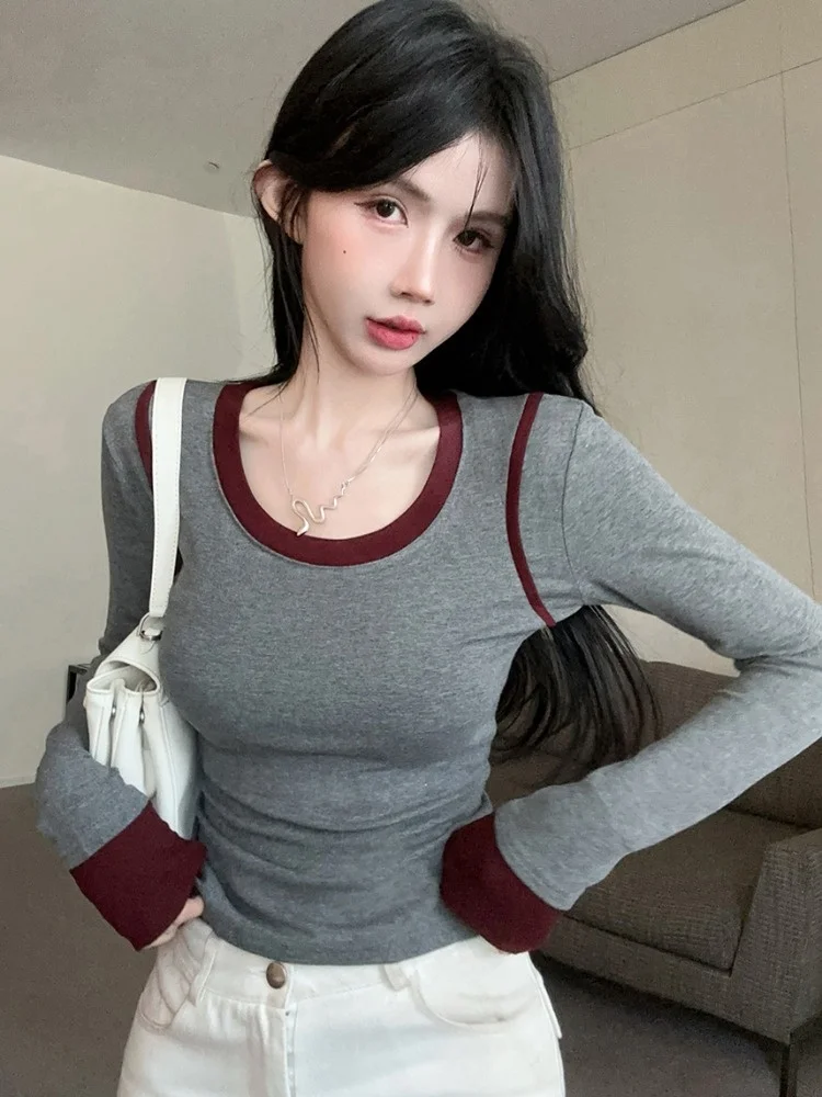 American Style Long Sleeve round Neck Base Shirt Women's Autumn Color Collision Versatile Slimming Short Pure Desire Top
American Style Long Sleeve round Neck Base Shirt Women's Autumn Color Collision Versatile Slimming Short Pure Desire Top
