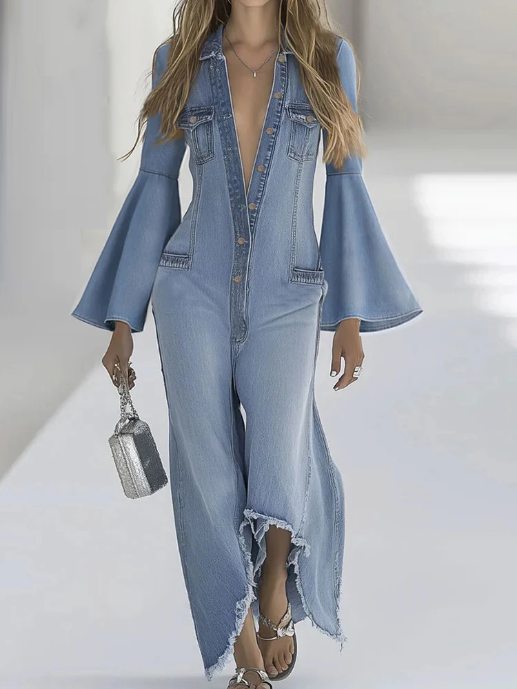 2025 Loose Solid Color Denim Style Jumpsuits Women Single-Breasted Casual Autumn Winter Flare Sleeve Turn-Down Collar Playsuits
2025 Loose Solid Color Denim Style Jumpsuits Women Single-Breasted Casual Autumn Winter Flare Sleeve Turn-Down Collar Playsuits