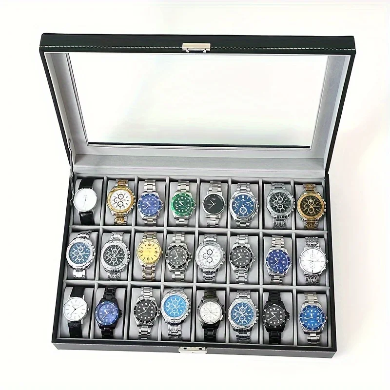 24 slot faux leather watch and jewelry storage box - black rectangular display cabinet
24 slot faux leather watch and jewelry storage box - black rectangular display cabinet