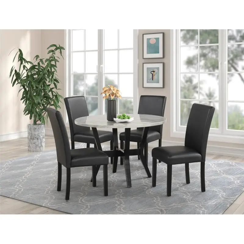 5-Piece Dining Set with Faux Marble Top Table and Solid Rubber Wood Chairs, PU Upholstered, Round Shape, White Top, Black Base,
5-Piece Dining Set with Faux Marble Top Table and Solid Rubber Wood Chairs, PU Upholstered, Round Shape, White Top, Black Base,