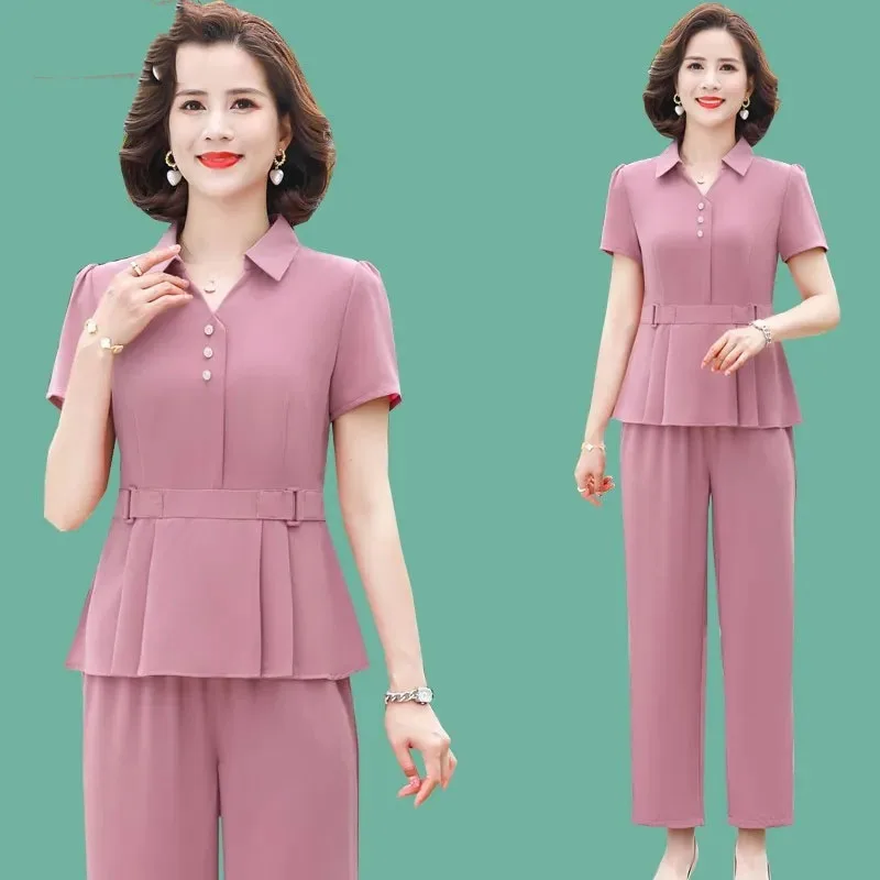 Korean Ladies Solid Color 2PCS Middle Aged Mother Chiffon Two-piece Suit Spring Summer Women Large Size 5XL Short Sleeve Pants
Korean Ladies Solid Color 2PCS Middle Aged Mother Chiffon Two-piece Suit Spring Summer Women Large Size 5XL Short Sleeve Pants