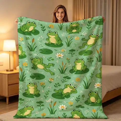 Cozy Fleece Throw Blanket Mint Green with Cute Cartoon Frogs on Lily Pads Pattern, Warm Lightweight Cozy Blanket for Sofa Bed Couch Travel Camping Indoor Outdoor Use