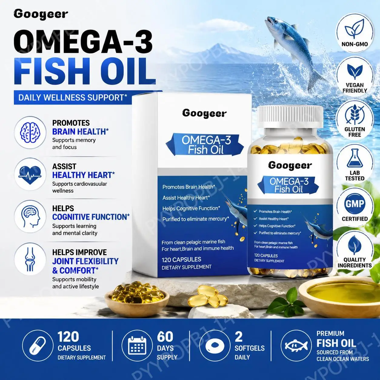 Googeer Omega-3 Fish Oil Capsules for Brain Health & Cognitive Function, Supports Healthy Heart, Joint Flexibility 120 Capsules
Googeer Omega-3 Fish Oil Capsules for Brain Health & Cognitive Function, Supports Healthy Heart, Joint Flexibility 120 Capsules