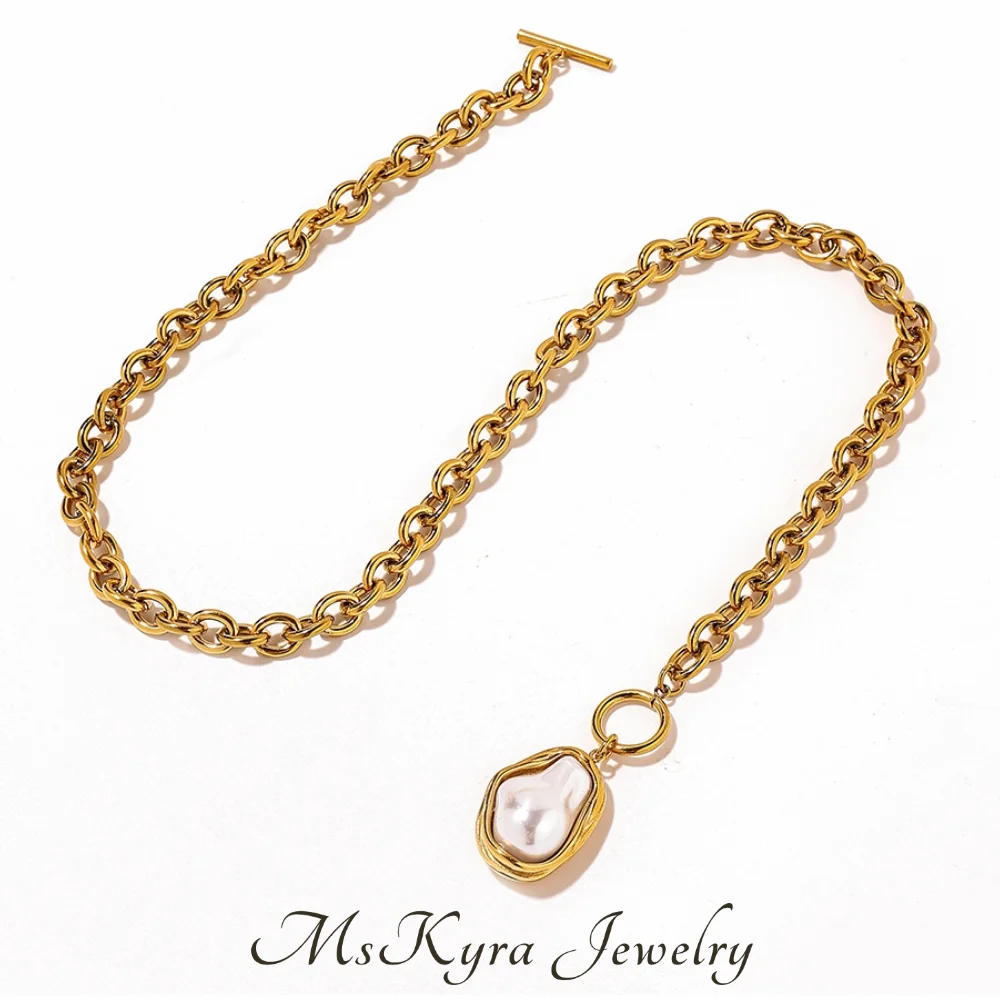MsKyra Stainless Steel Neck Plated 18k Gold Color Jewelry Baroque Pearl OT Buckle Cuban Chain Waterproof Neck For Women Gift
MsKyra Stainless Steel Neck Plated 18k Gold Color Jewelry Baroque Pearl OT Buckle Cuban Chain Waterproof Neck For Women Gift