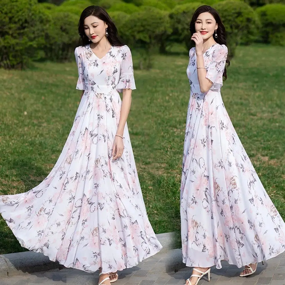 Women's Ditsy Floral V-Neck Elegant Waisted Maxi Dress Short Sleeve Long Summer Women's Fashion Retro Beach Holiday Dresses S951
Women's Ditsy Floral V-Neck Elegant Waisted Maxi Dress Short Sleeve Long Summer Women's Fashion Retro Beach Holiday Dresses S951