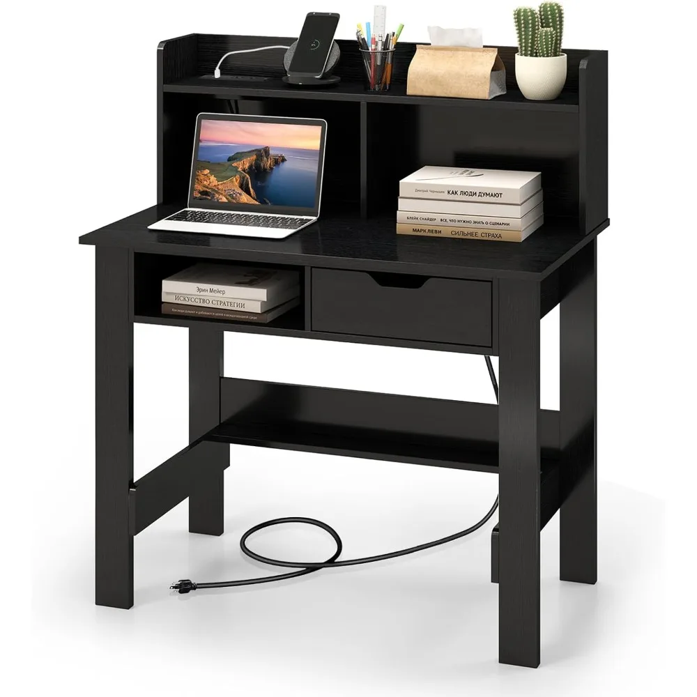 Computer Desk with Drawer & Hutch, Home Office Writing Desk with Charging Station & Storage Shelves
Computer Desk with Drawer & Hutch, Home Office Writing Desk with Charging Station & Storage Shelves