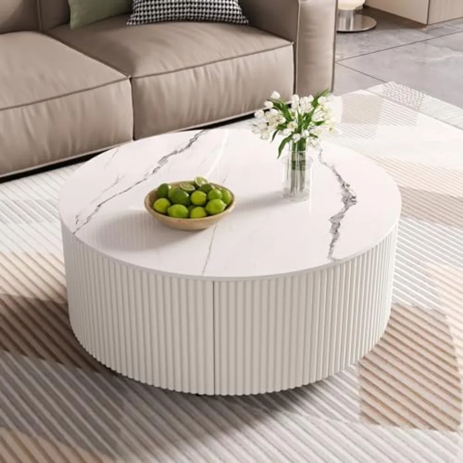 29.5" Round Fluted Coffee Table for Living Room, Movable Accent Table with Casters and 2 Storage Drawers, Marble Pattern Sinter
29.5" Round Fluted Coffee Table for Living Room, Movable Accent Table with Casters and 2 Storage Drawers, Marble Pattern Sinter