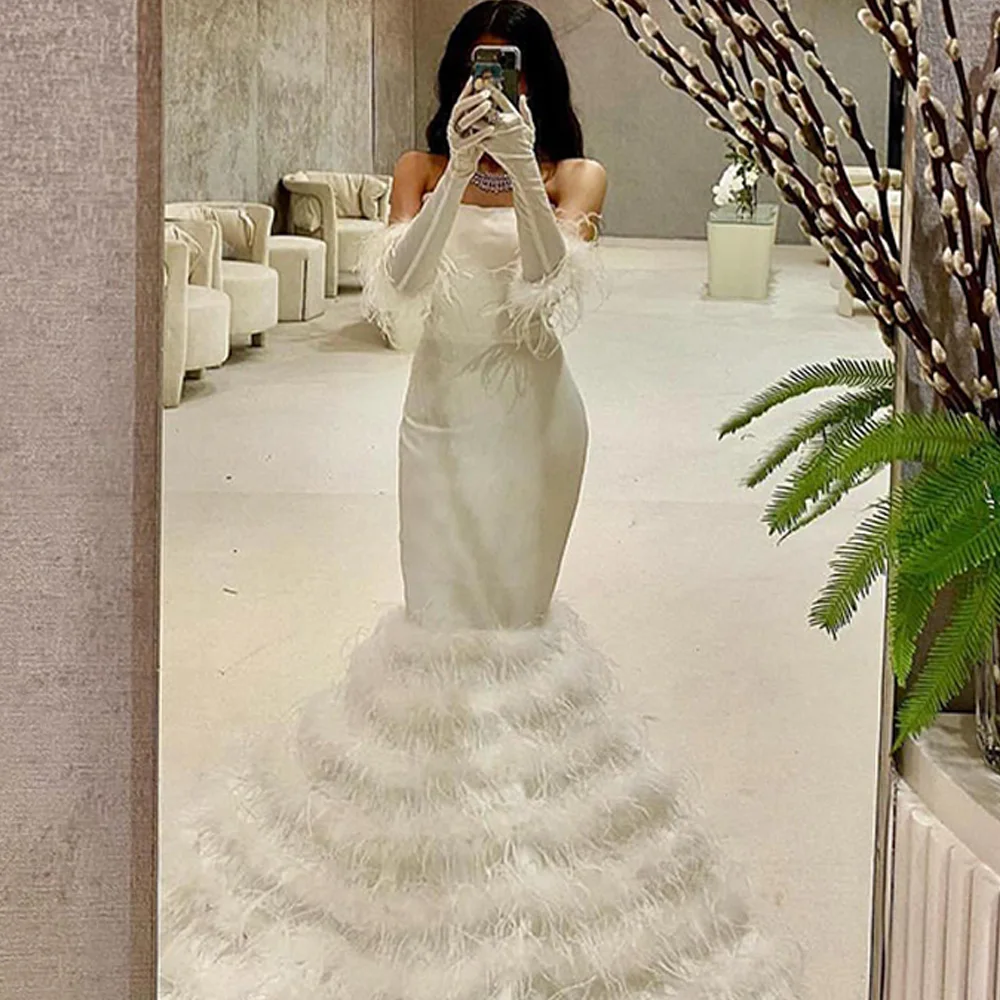 Customized Exquisite Jersey Mermaid Detachable Sleeve Feathers Evening Dress Strapless Zipper Back Panel Train Photo Color
Customized Exquisite Jersey Mermaid Detachable Sleeve Feathers Evening Dress Strapless Zipper Back Panel Train Photo Color