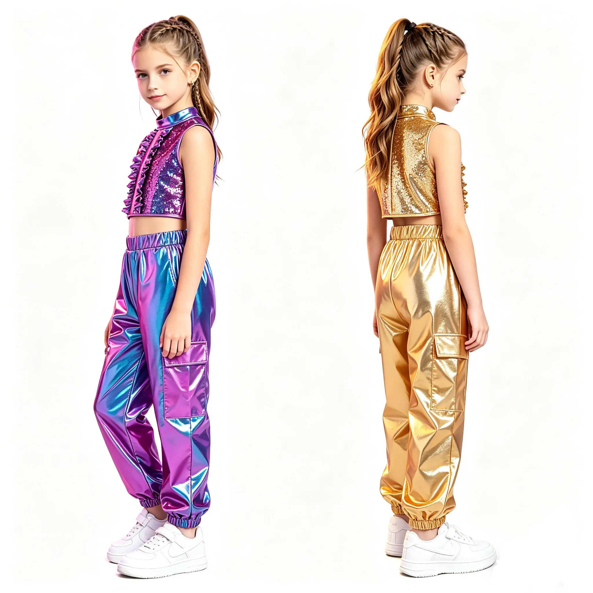Kids Girls Shiny Hip Hop Jazz Street Dance Outfit Zipper Sequin Ruffle Crop Vest Top with Metallic Pants School Party Dancewear
Kids Girls Shiny Hip Hop Jazz Street Dance Outfit Zipper Sequin Ruffle Crop Vest Top with Metallic Pants School Party Dancewear