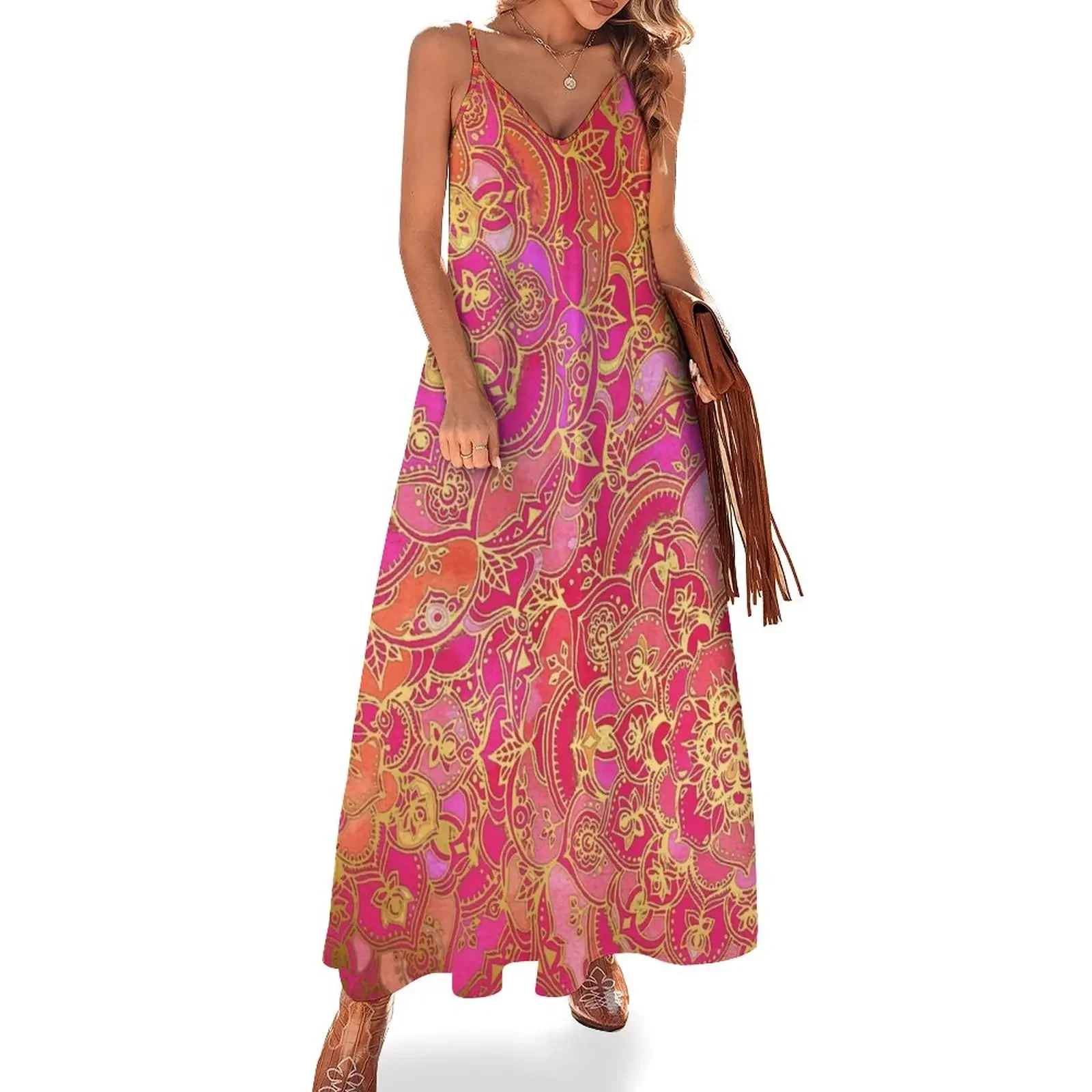 Hot Pink and Gold Baroque Floral Pattern Sleeveless Dress Long dress Women's skirt
Hot Pink and Gold Baroque Floral Pattern Sleeveless Dress Long dress Women's skirt