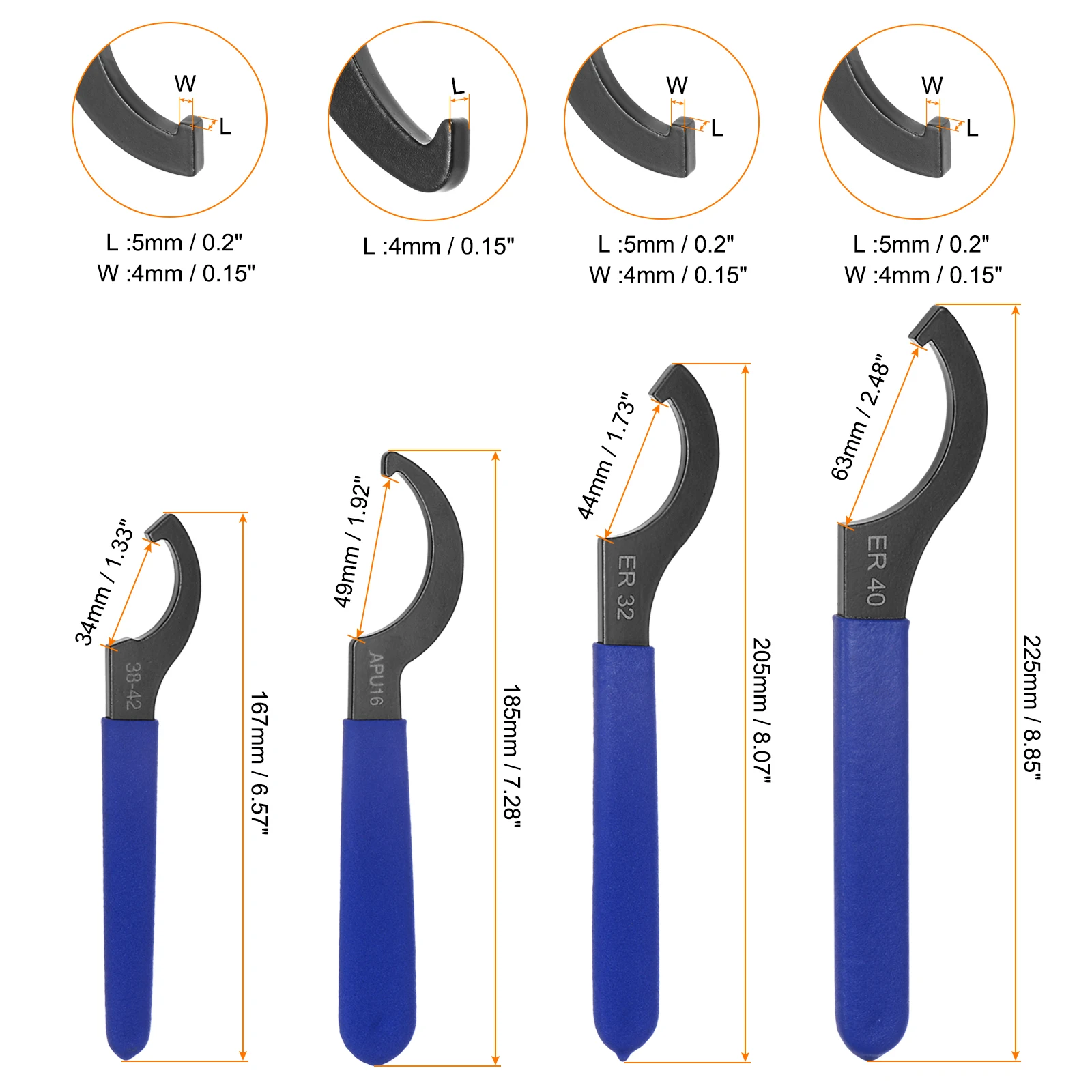 Набор из 4 гаечных ключей с C-образным крюком 38-42/APU16/ER32/ER40, ударный ключ для гаек, стальной ключ для патронов с синей нескользящей ручкой, тканевая сумка
Набор из 4 гаечных ключей с C-образным крюком 38-42/APU16/ER32/ER40, ударный ключ для гаек, стальной ключ для патронов с синей нескользящей ручкой, тканевая сумка