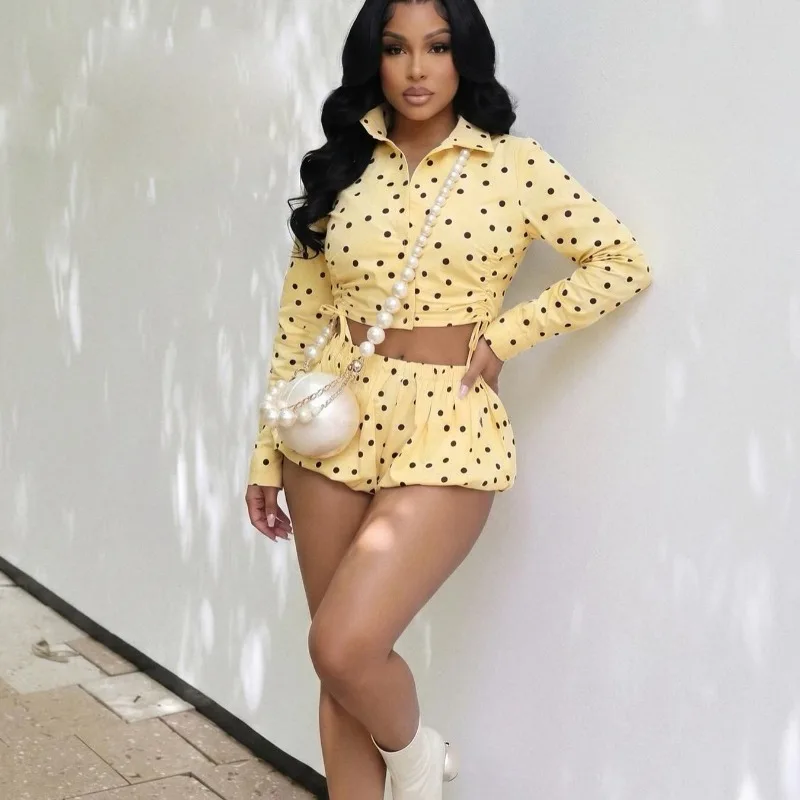 Polka Dots Print 2 Piece Set Women Turn Down Collar Full Sleeve Single Breasted Drawstring Shirts Crop Tops + Bud Shorts Suits
Polka Dots Print 2 Piece Set Women Turn Down Collar Full Sleeve Single Breasted Drawstring Shirts Crop Tops + Bud Shorts Suits