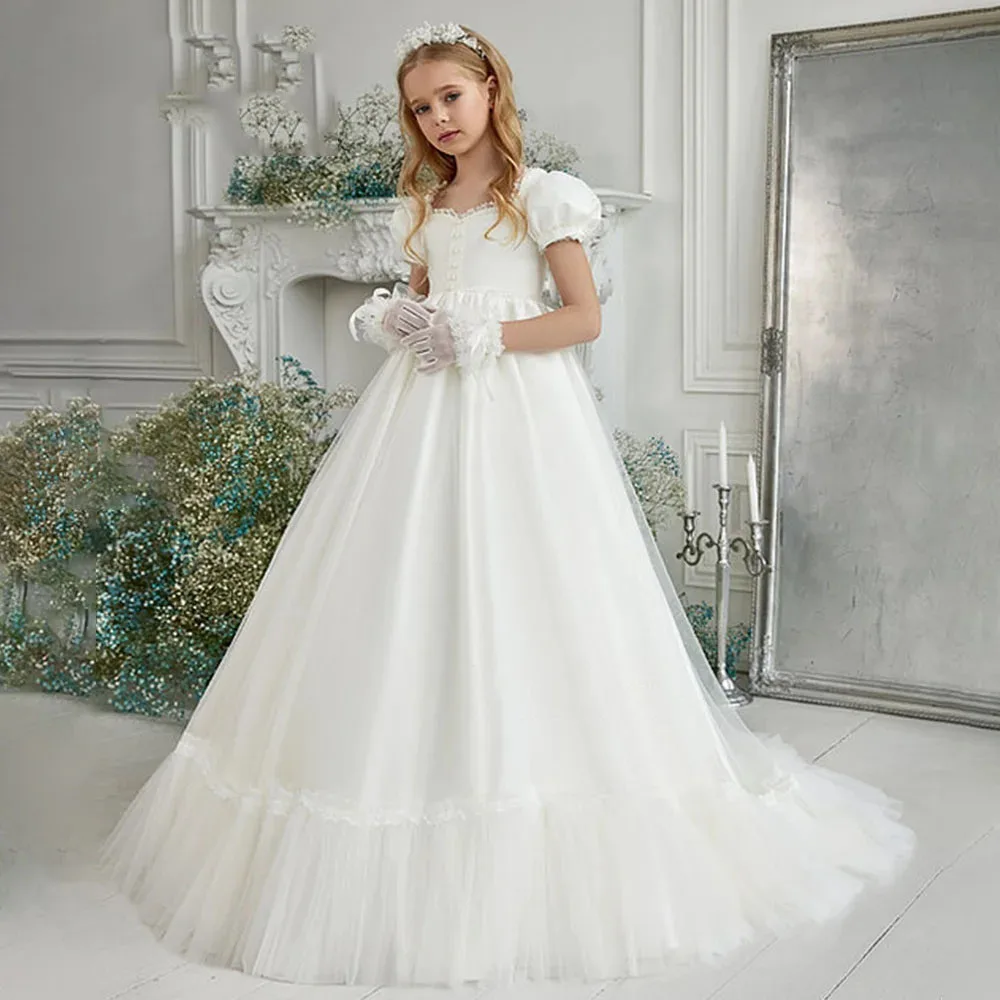 White Tulle Pearls Lace Short Sleeve Flower Girl Dress For Wedding Elegant Princess Child First Eucharistic Birthday Party Dress
White Tulle Pearls Lace Short Sleeve Flower Girl Dress For Wedding Elegant Princess Child First Eucharistic Birthday Party Dress