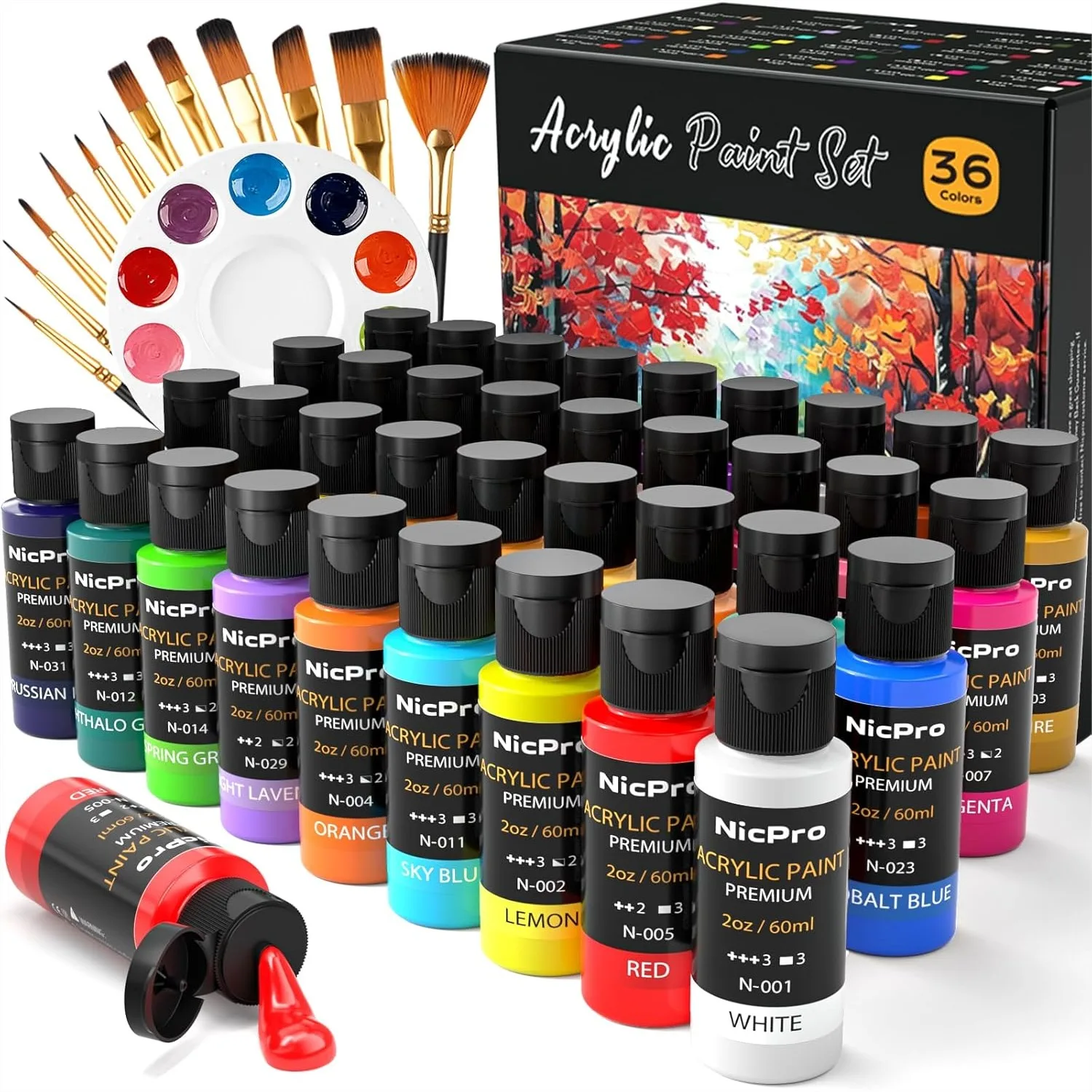 36 Colors Acrylic Paint Set with 12 Brushes & Palette, Non-Toxic Art Supplies for Canvas, Wood, Fabric & Rock Painting, 2oz/60ml
36 Colors Acrylic Paint Set with 12 Brushes & Palette, Non-Toxic Art Supplies for Canvas, Wood, Fabric & Rock Painting, 2oz/60ml