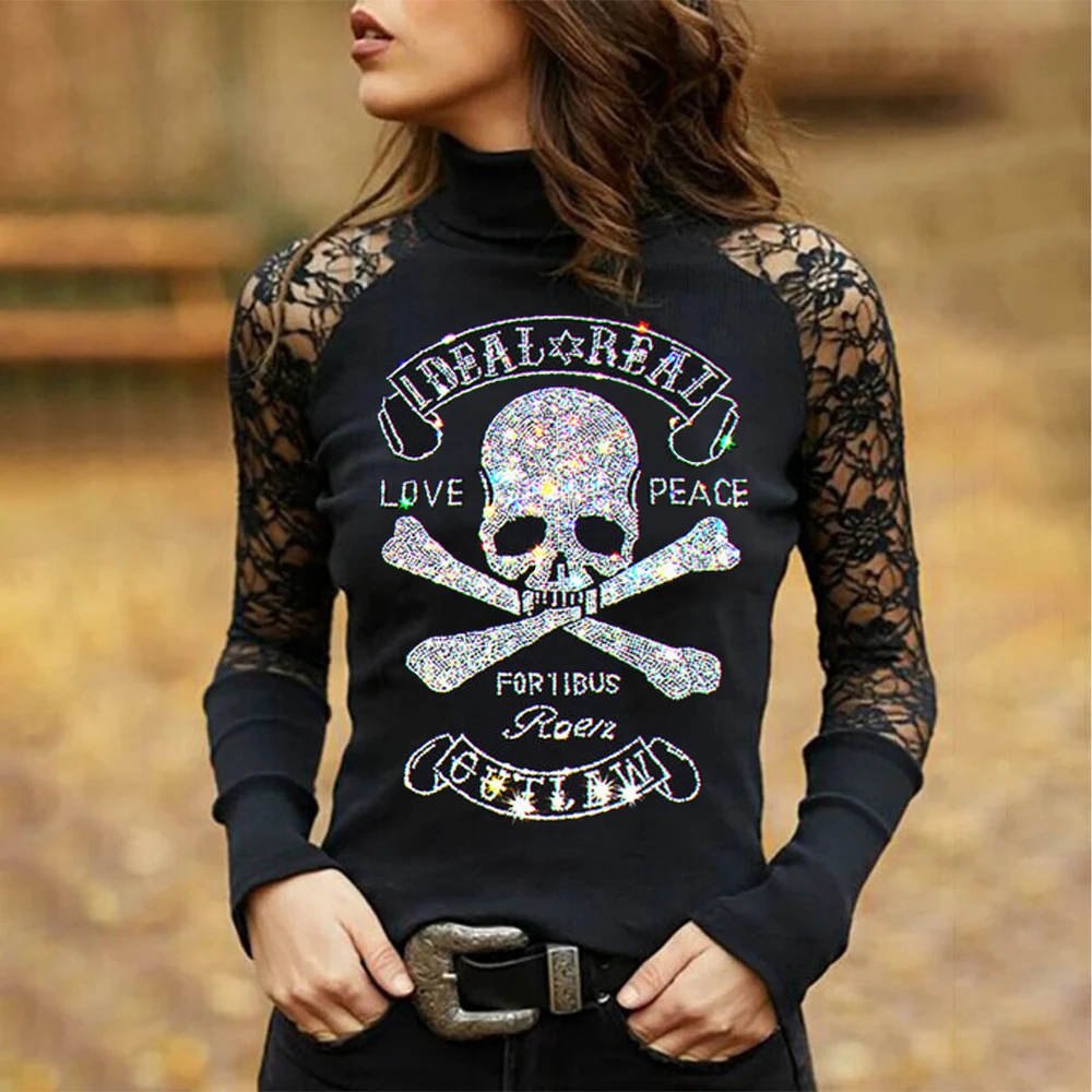 Fashion Skull Hot Drill Print Ladies T-Shirt Spring Solid Lace Sexy Women TShirt Y2k Gothic Tee Long Sleeve Office Clothes Tops
Fashion Skull Hot Drill Print Ladies T-Shirt Spring Solid Lace Sexy Women TShirt Y2k Gothic Tee Long Sleeve Office Clothes Tops