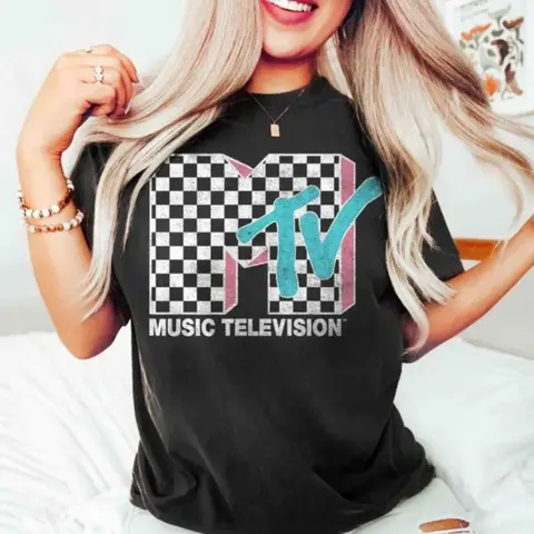 MTV Neonowe Koszulki Damskie z Logo w Kratę w Stylu Retro z Lat 80. i 90., Koszulki Rodzinne MTV, Vintage Topy Urodzinowe dla Dziewczynki MTV