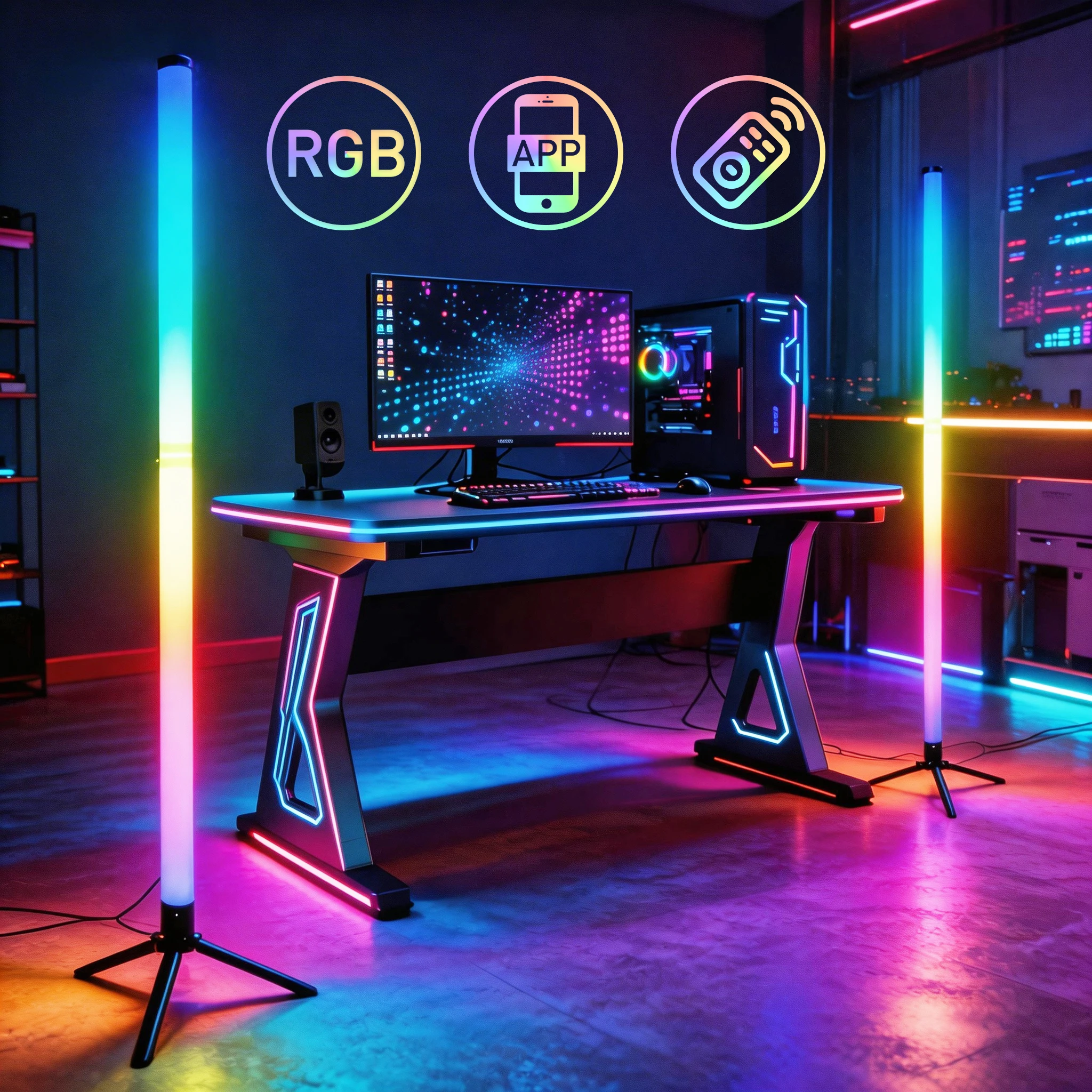 RGB LED Напольный светильник для геймеров с пультом ДУ и управлением через приложение, настольная лампа для киберспорта, для спальни, гостиной, прихожей
RGB LED Напольный светильник для геймеров с пультом ДУ и управлением через приложение, настольная лампа для киберспорта, для спальни, гостиной, прихожей