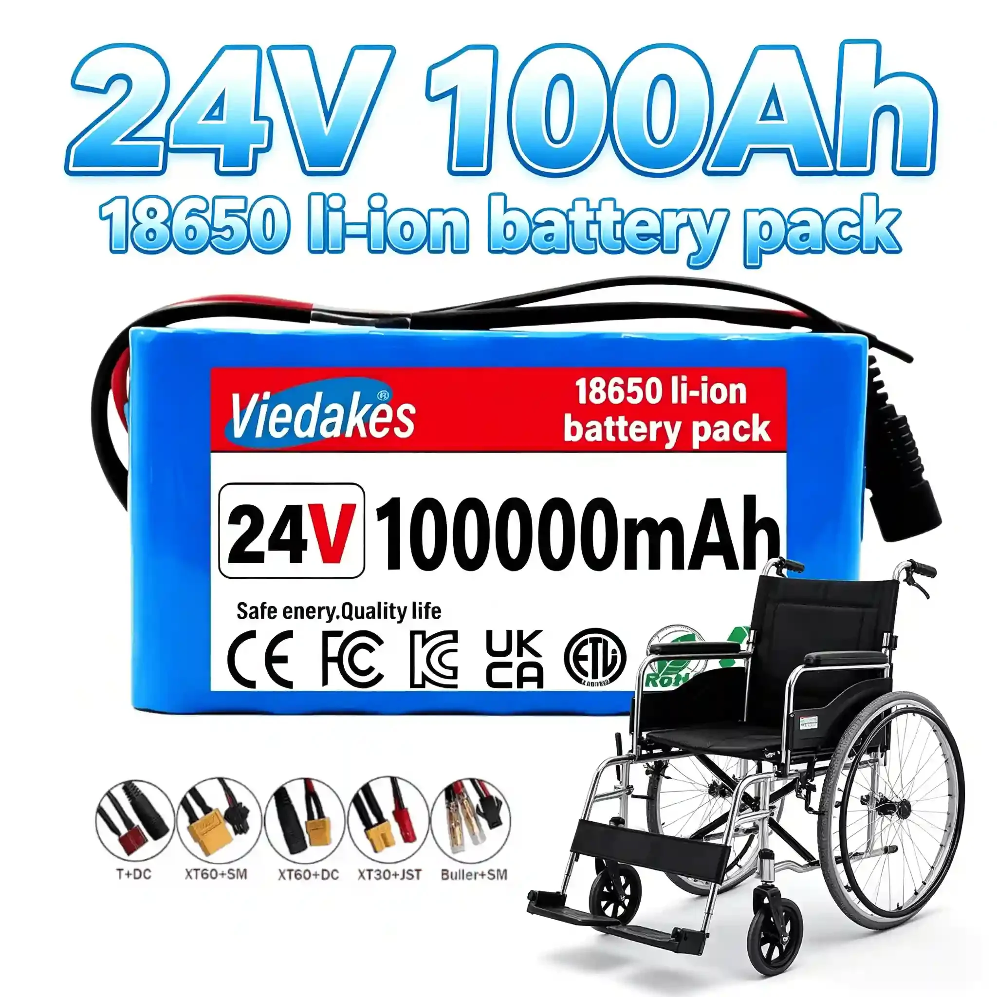 Viedakes 24V 100Ah 7S3P 18650 Li-ion Rechargeable Battery Pack With 29.4V 2A EU Charger, Multiple Connectors For Wheelchair
Viedakes 24V 100Ah 7S3P 18650 Li-ion Rechargeable Battery Pack With 29.4V 2A EU Charger, Multiple Connectors For Wheelchair