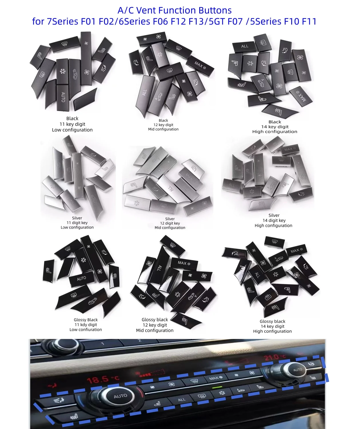 Glossy Black Silver Dashboard Air Conditioner AC Vent Button Keys For BMW 5 6 7 Series 5GT F10 F11 F06 F12 F13 F01 F02 F07
Glossy Black Silver Dashboard Air Conditioner AC Vent Button Keys For BMW 5 6 7 Series 5GT F10 F11 F06 F12 F13 F01 F02 F07