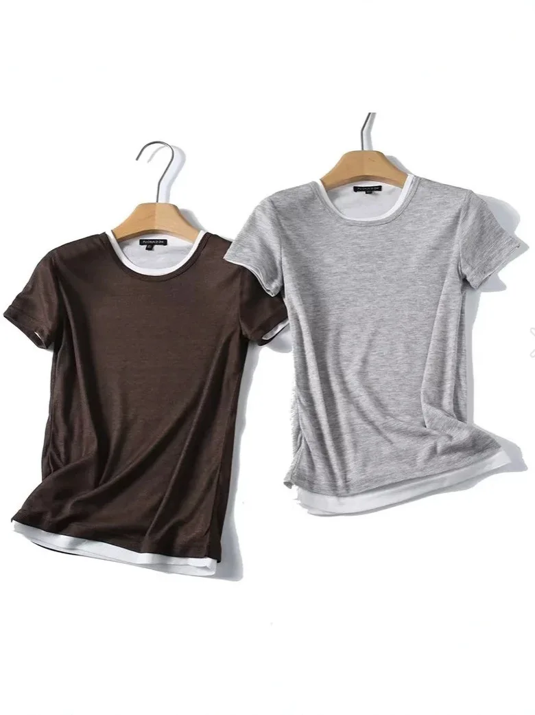 Withered Casual Fashion Fake Two Piece Splicing Round Neck Short Sleeve T-shirt Woman Clothes Female Clothing
Withered Casual Fashion Fake Two Piece Splicing Round Neck Short Sleeve T-shirt Woman Clothes Female Clothing