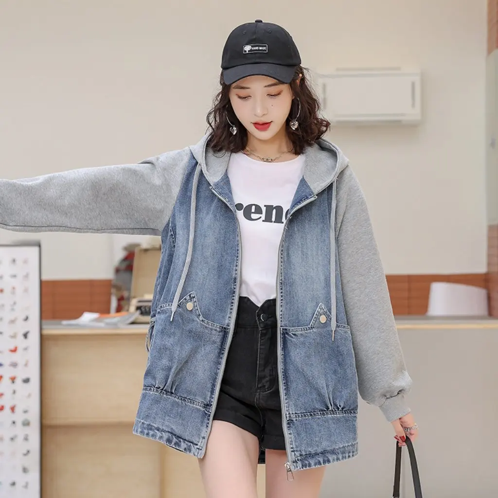 Женская джинсовая куртка с капюшоном, свободный крой, средней длины, миниатюрный модный модный топ на весну и осень
Женская джинсовая куртка с капюшоном, свободный крой, средней длины, миниатюрный модный модный топ на весну и осень