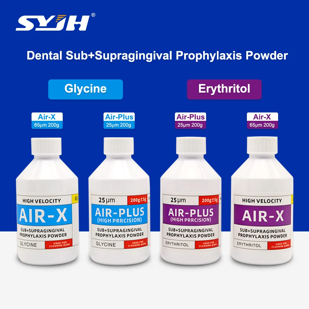 SYJH 65um 25um Dental Sub+Supragingival Бикарбонатный глицин/Эритрит Чистка зубов Пескоструйный порошок Стоматологический материал
SYJH 65um 25um Dental Sub+Supragingival Бикарбонатный глицин/Эритрит Чистка зубов Пескоструйный порошок Стоматологический материал